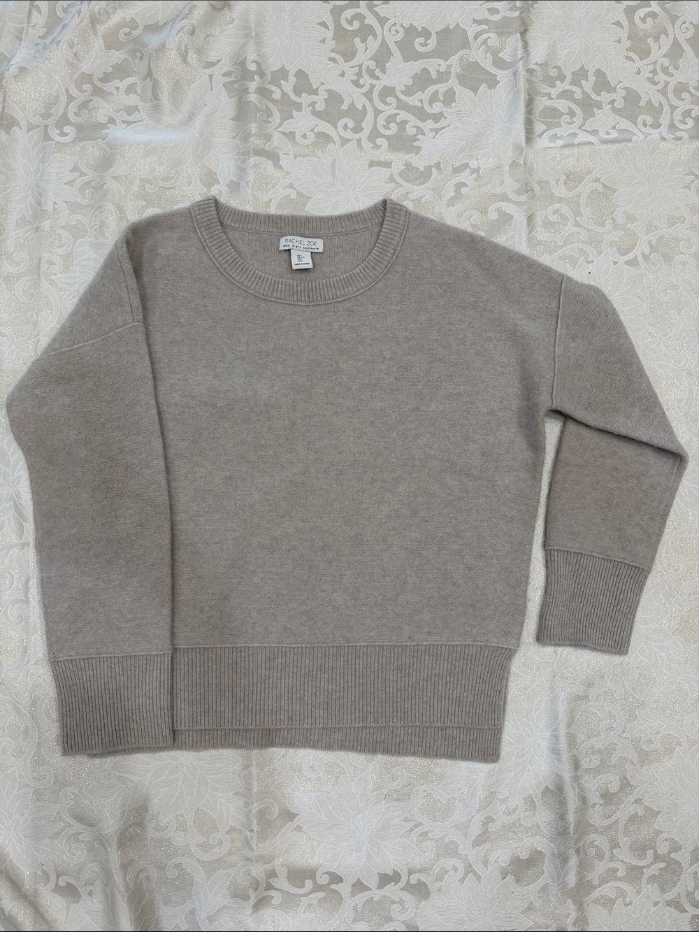 Rachel Zoe Gray Crewneck Knit Sweater Ribbed Trim